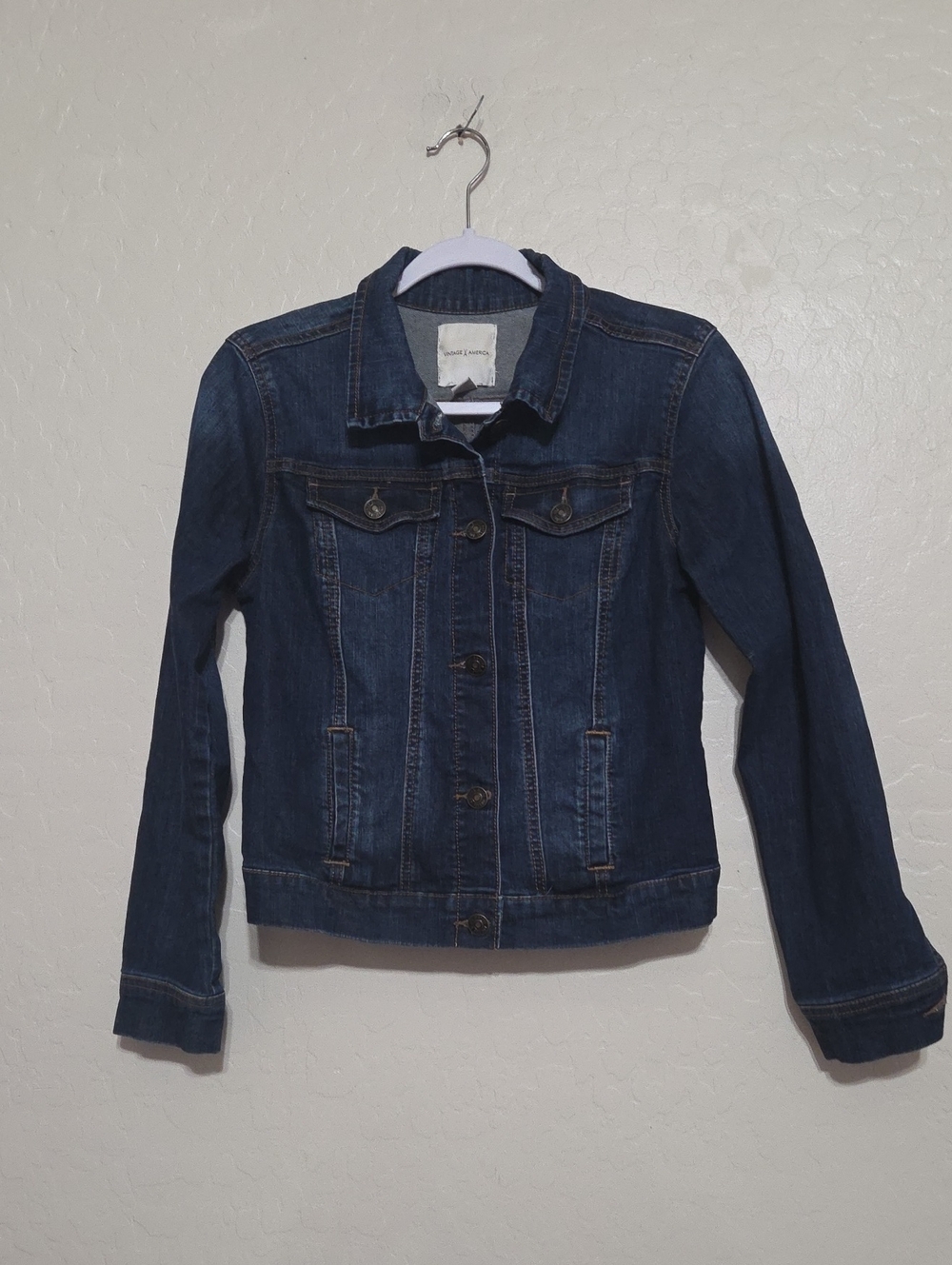 Vintage America Women’s XS Dark Wash Denim Jean Jacket Trucker Stretch Classic